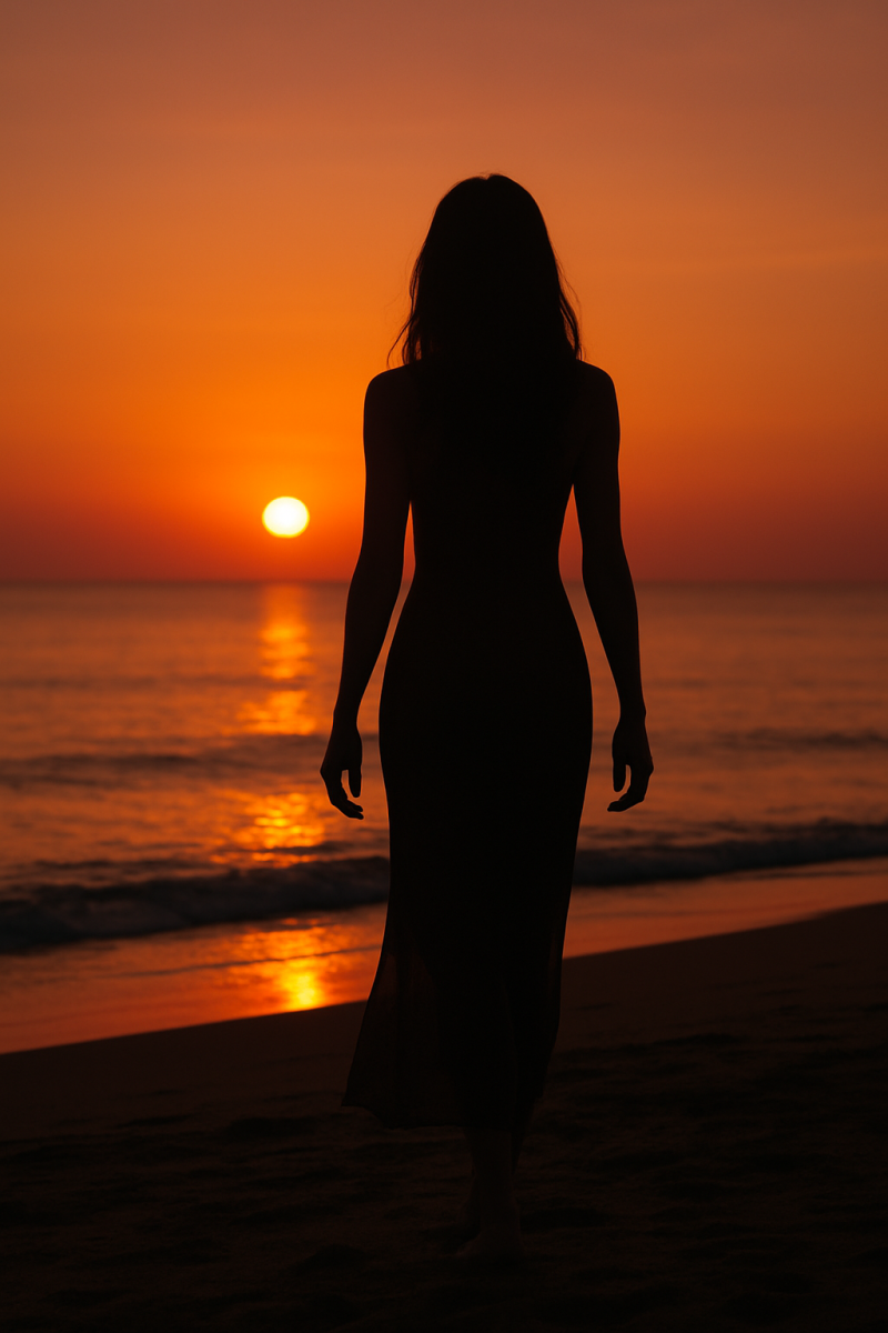 Silhouette d’une femme marchant sur la plage au coucher de soleil, incarnant le lâcher-prise et la liberté au village naturiste du Cap d’Agde.
