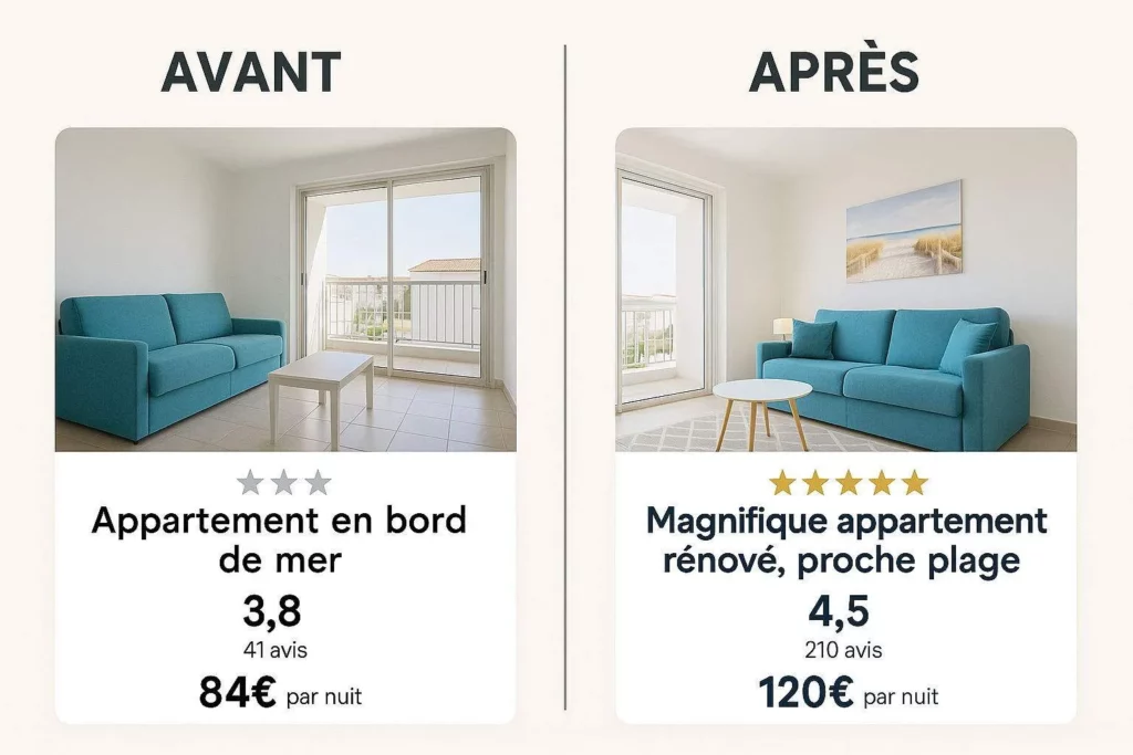 Différence avant et après optimisation d'annonces locatives au Cap d’Agde