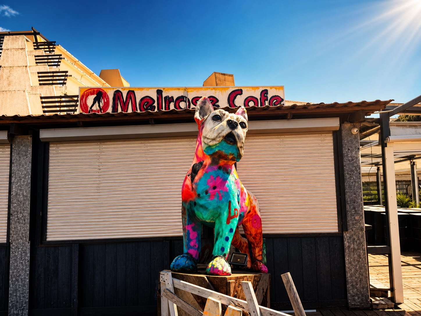 Statue colorée du chien emblématique devant le Melrose Café au village naturiste du Cap d’Agde.